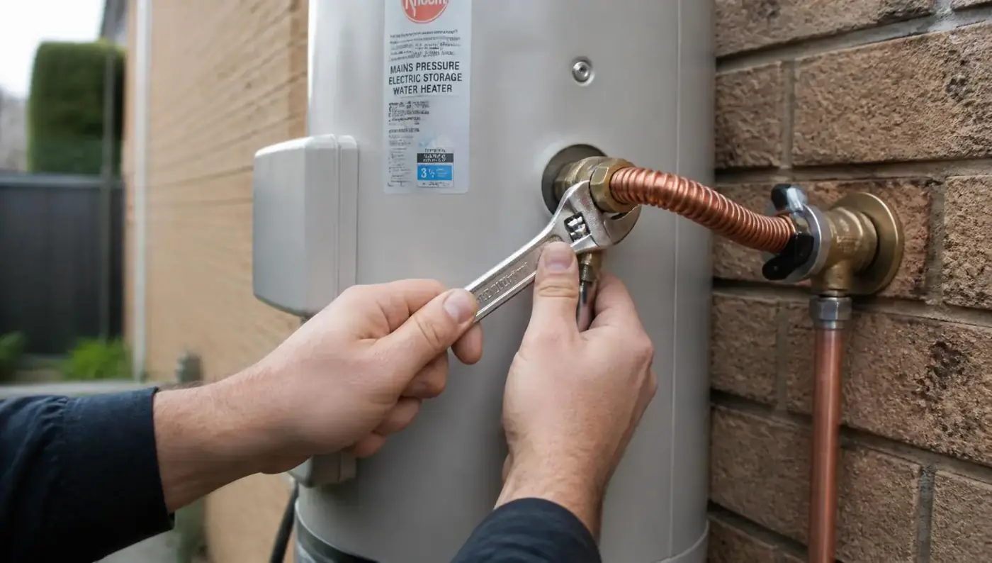 Licensed plumber connecting a flexible copper line to a domestic hot water storage tank in Brisbane
